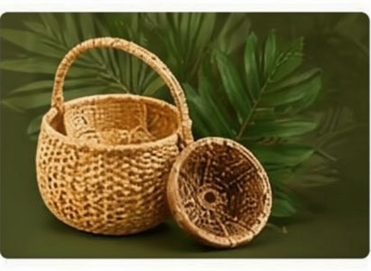 Woven cane handbag with tropical leaves