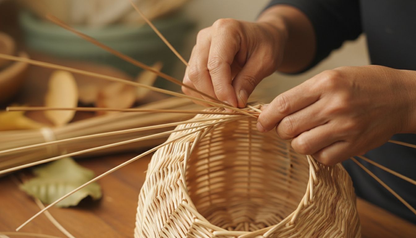 Artisan hands weaving natural cane fibers